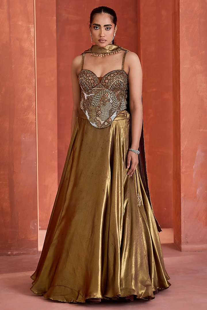 Antique Gold Satin Foil Printed Wedding Lehenga Set by Deepika Chadha at Pernia's Pop Up Shop