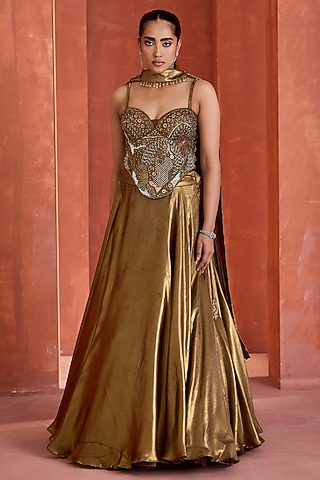 Antique Gold Satin Foil Printed Lehenga Set by Deepika Chadha