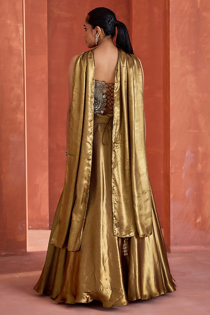 Antique Gold Satin Foil Printed Wedding Lehenga Set by Deepika Chadha at Pernia's Pop Up Shop