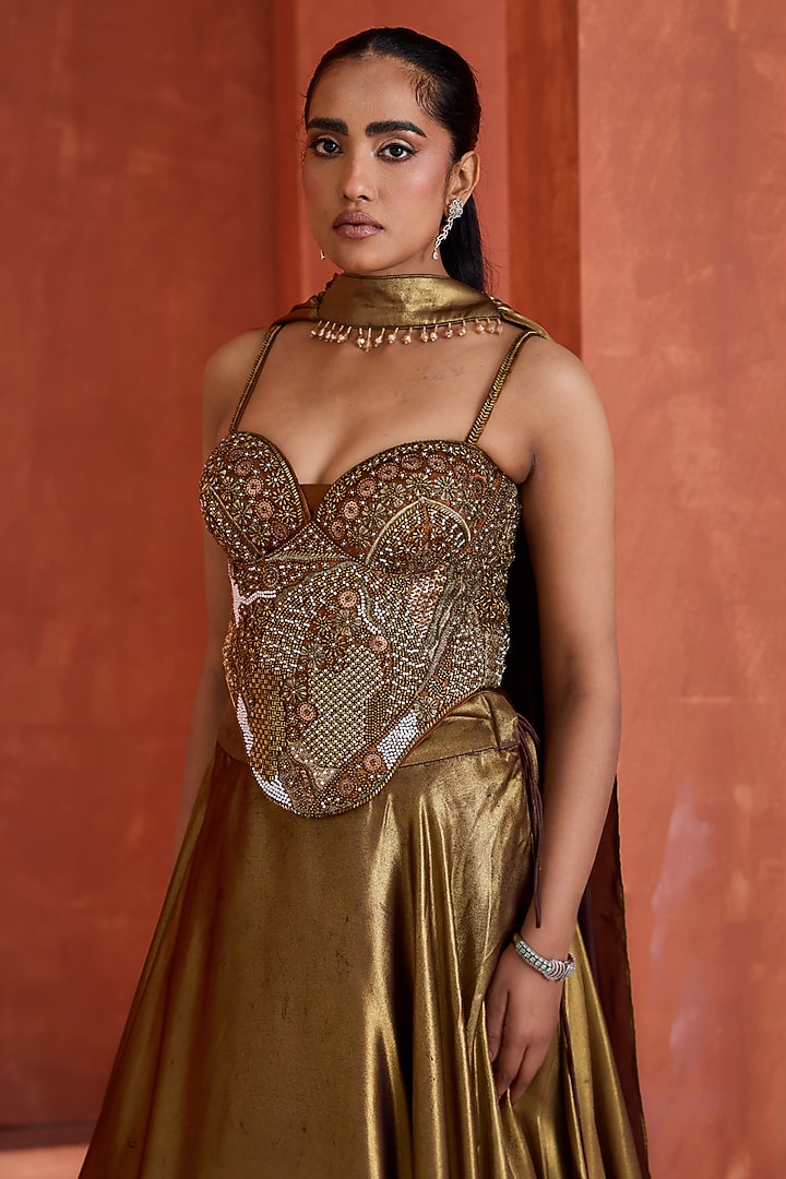Antique Gold Satin Foil Printed Wedding Lehenga Set by Deepika Chadha at Pernia's Pop Up Shop