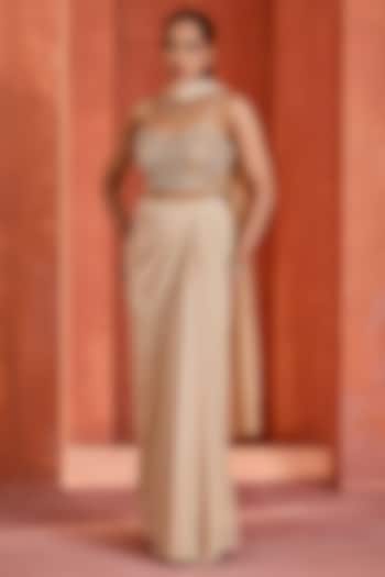 Shimmer Gold Satin Draped Skirt Set by Deepika Chadha at Pernia's Pop Up Shop