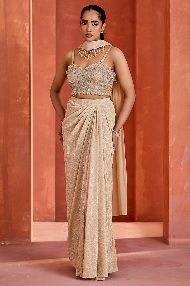 Shimmer Gold Satin Draped Skirt Set by Deepika Chadha at Pernia's Pop Up Shop