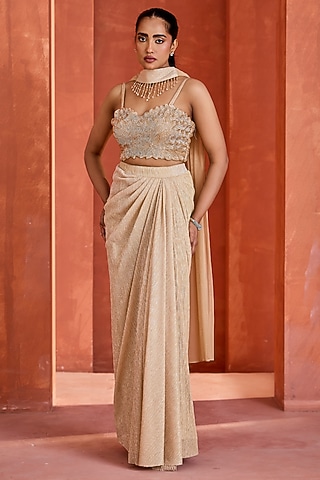Shimmer Gold Satin Draped Skirt Set by Deepika Chadha