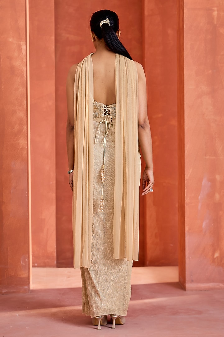 Shimmer Gold Satin Draped Skirt Set by Deepika Chadha at Pernia's Pop Up Shop