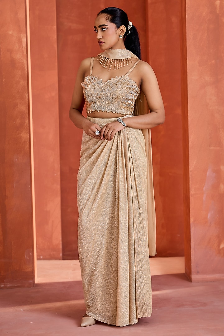 Shimmer Gold Satin Draped Skirt Set by Deepika Chadha at Pernia's Pop Up Shop