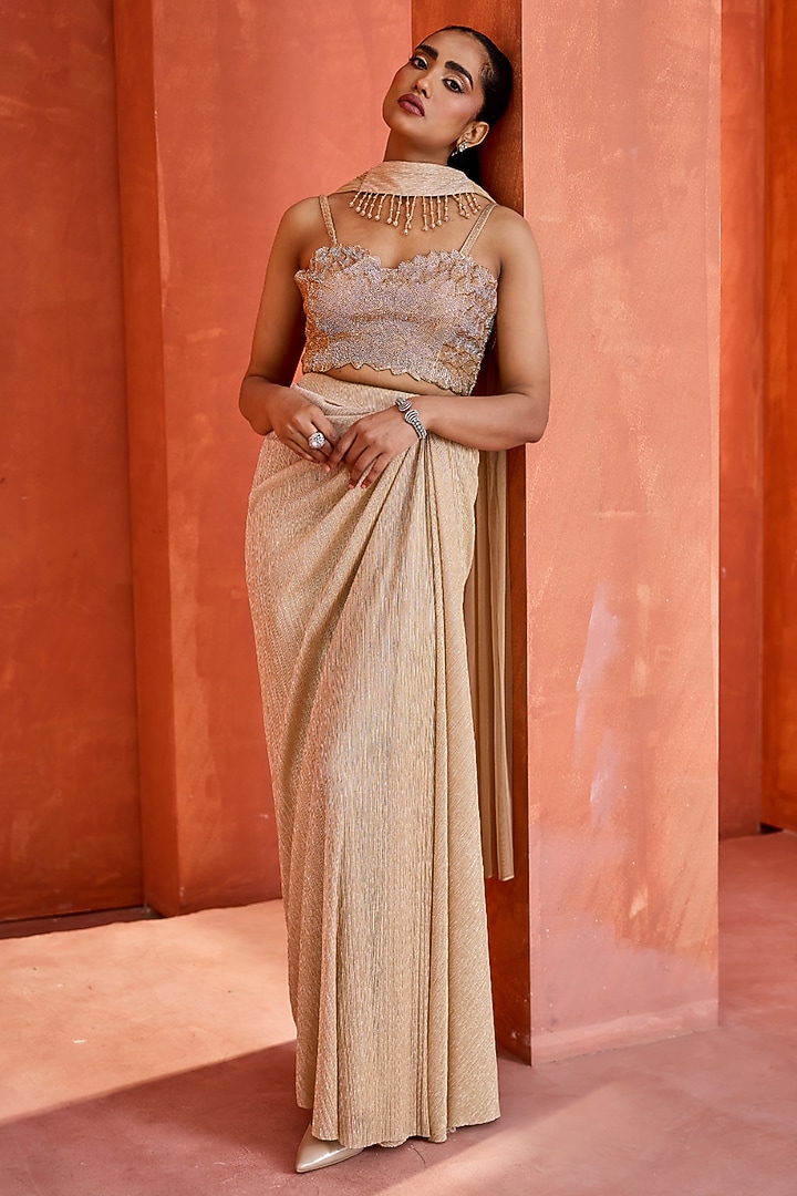 Shimmer Gold Satin Draped Skirt Set by Deepika Chadha at Pernia's Pop Up Shop