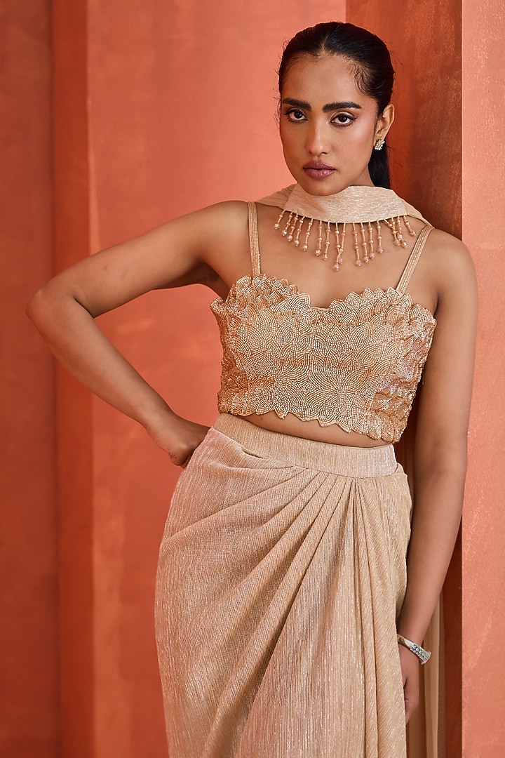 Shimmer Gold Satin Draped Skirt Set by Deepika Chadha at Pernia's Pop Up Shop
