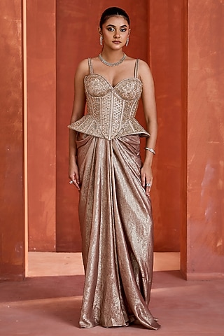 Shimmer Gold Sandwash Draped Skirt Set by Deepika Chadha