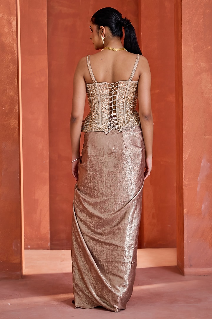 Shimmer Gold Sandwash Draped Skirt Set by Deepika Chadha at Pernia's Pop Up Shop