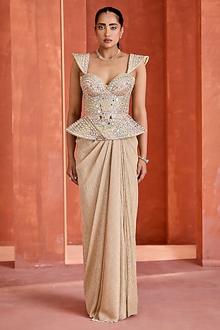 Shimmer Gold Sandwash Draped Skirt Set by Deepika Chadha