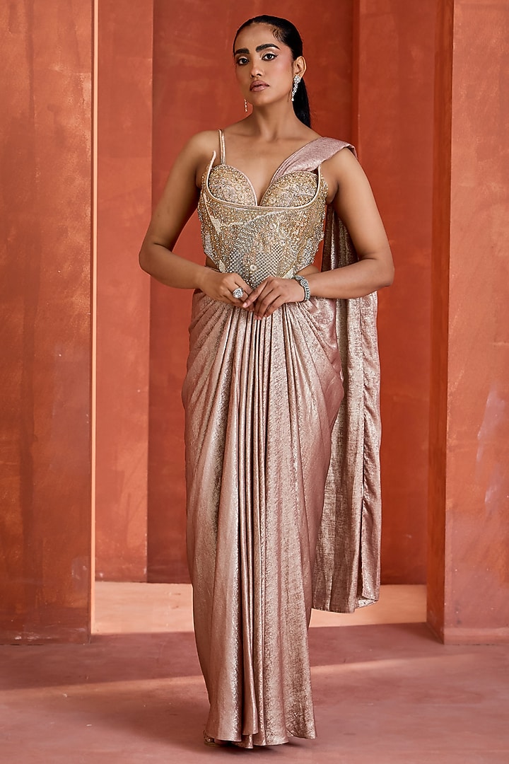 Pink Ombre Shimmer Draped Skirt Set by Deepika Chadha at Pernia's Pop Up Shop