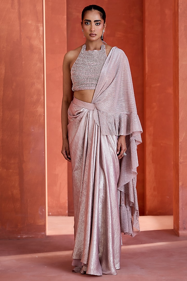 Rose Gold Sandwash Draped Skirt Set by Deepika Chadha at Pernia's Pop Up Shop