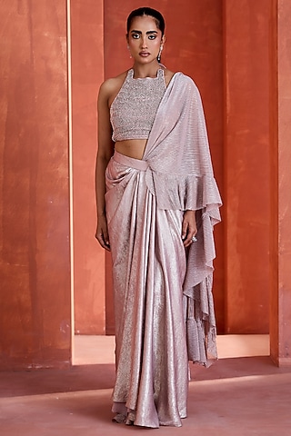 Rose Gold Sandwash Draped Skirt Set by Deepika Chadha