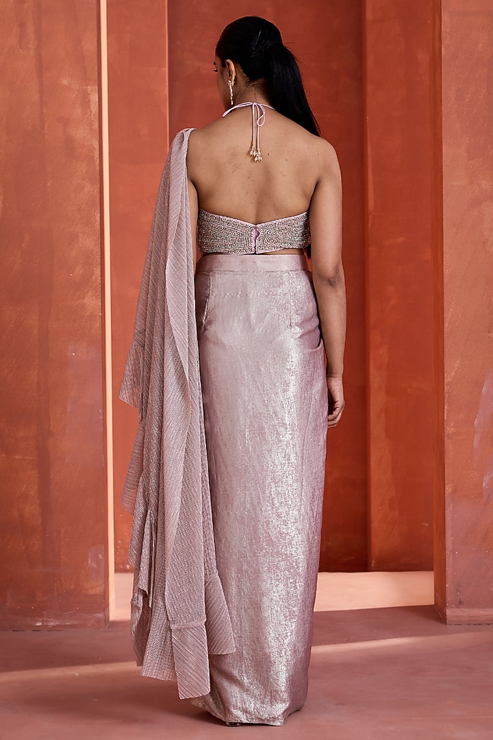 Rose Gold Sandwash Draped Skirt Set by Deepika Chadha at Pernia's Pop Up Shop