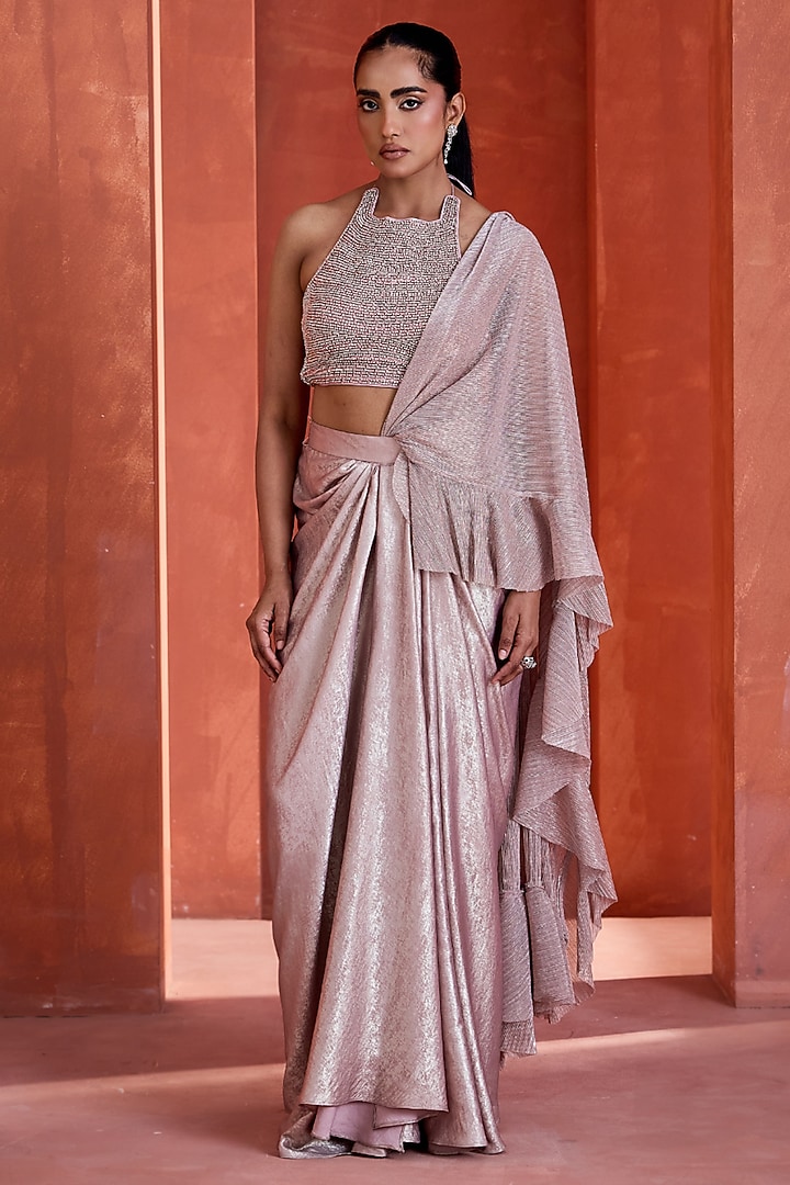 Rose Gold Sandwash Draped Skirt Set by Deepika Chadha at Pernia's Pop Up Shop
