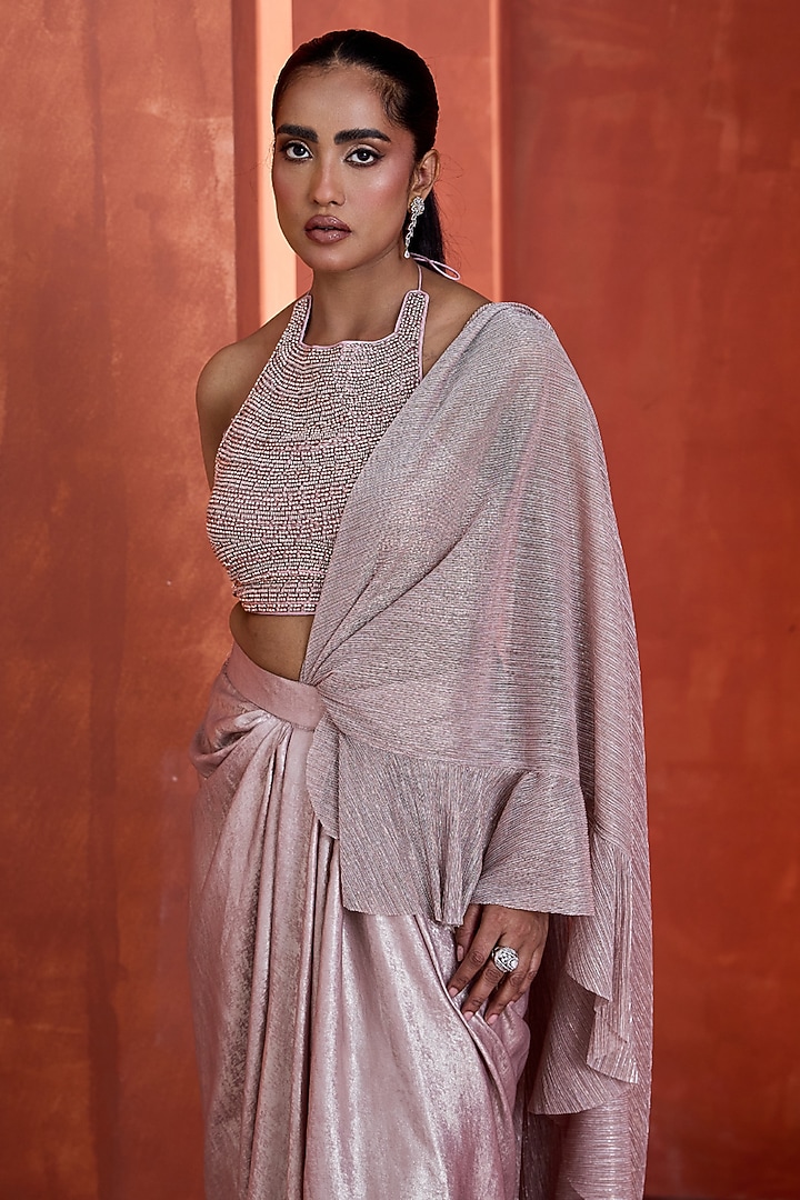 Rose Gold Sandwash Draped Skirt Set by Deepika Chadha at Pernia's Pop Up Shop