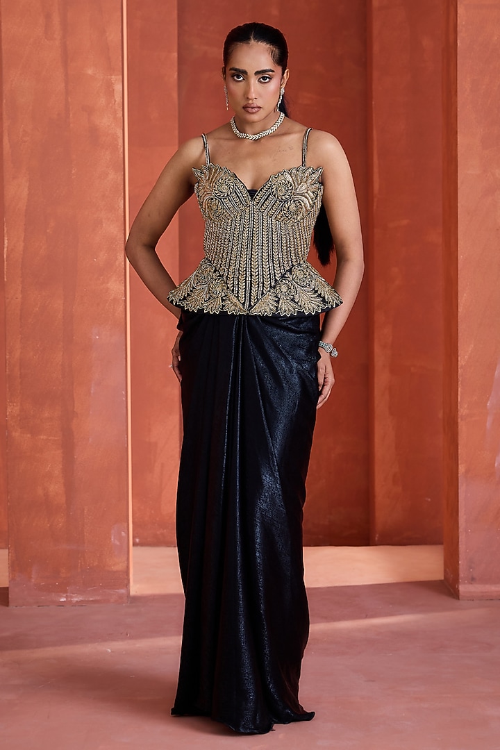 Black Sandwash Draped Skirt Set by Deepika Chadha at Pernia's Pop Up Shop