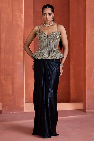 Black Sandwash Draped Skirt Set by Deepika Chadha