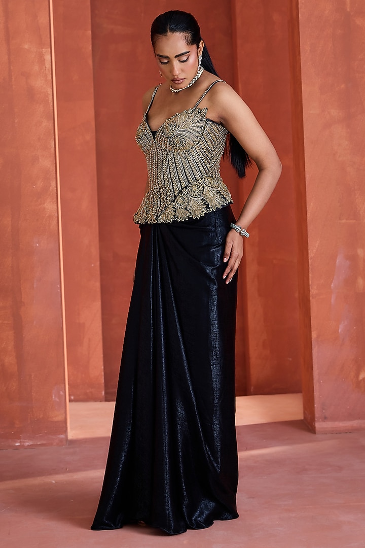 Black Sandwash Draped Skirt Set by Deepika Chadha at Pernia's Pop Up Shop