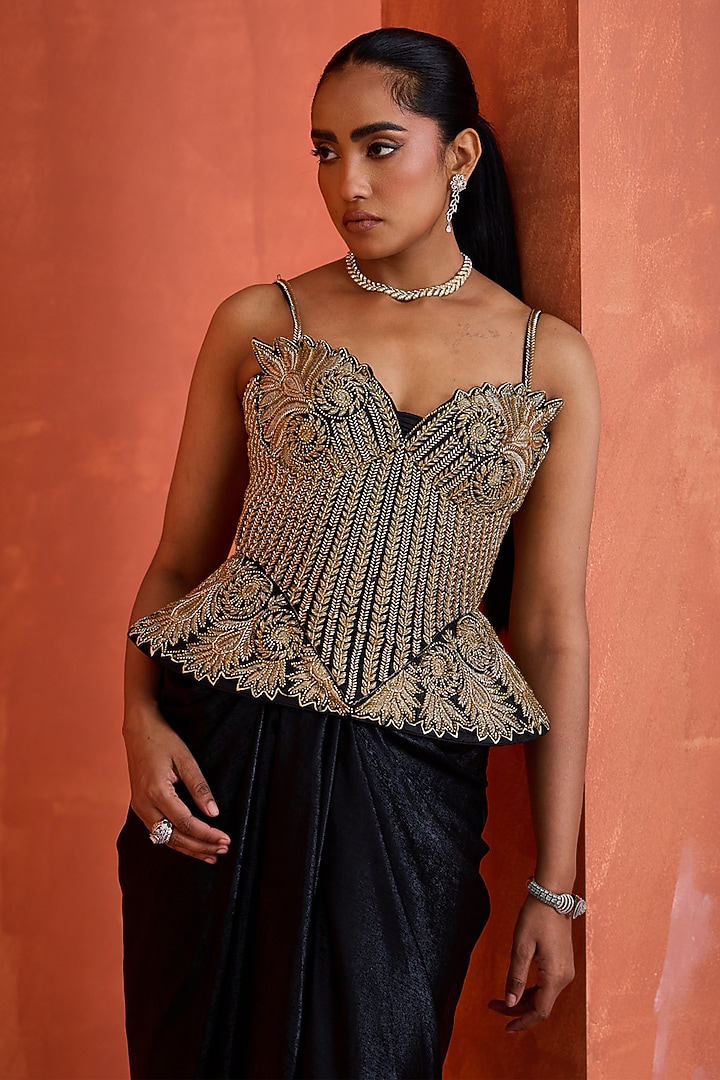 Black Sandwash Draped Skirt Set by Deepika Chadha at Pernia's Pop Up Shop