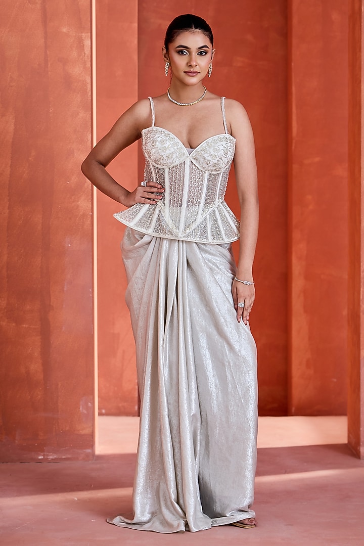 White Sandwash Draped Skirt Set by Deepika Chadha at Pernia's Pop Up Shop