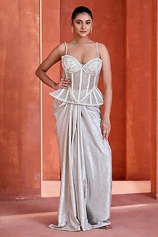 White Sandwash Draped Skirt Set by Deepika Chadha