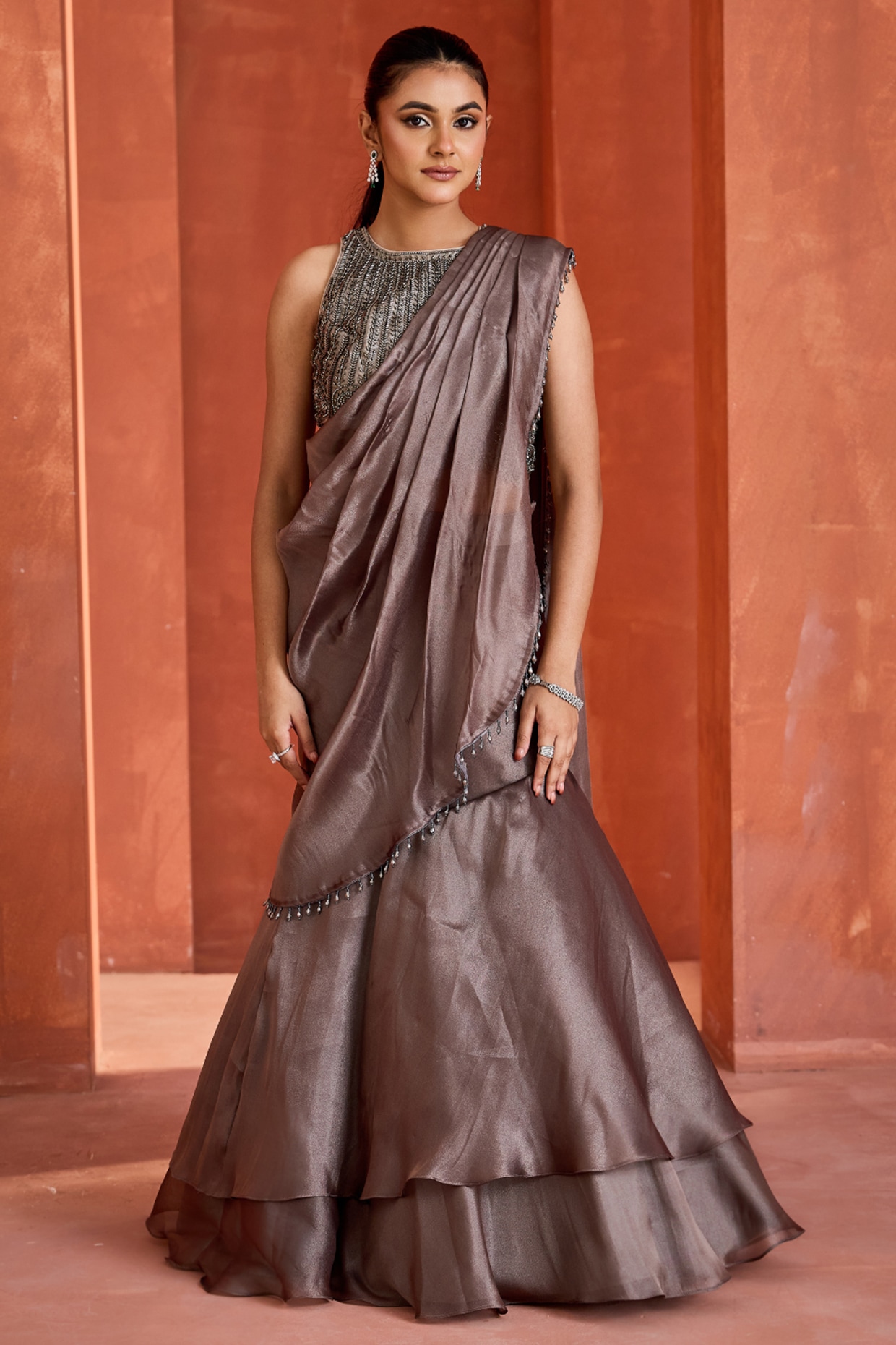 Deepika Chadha Steel Grey Tissue Ruffled Skirt Saree Set