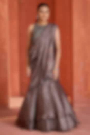 Steel Grey Tissue Ruffled Skirt Wedding Saree Set by Deepika Chadha at Pernia's Pop Up Shop