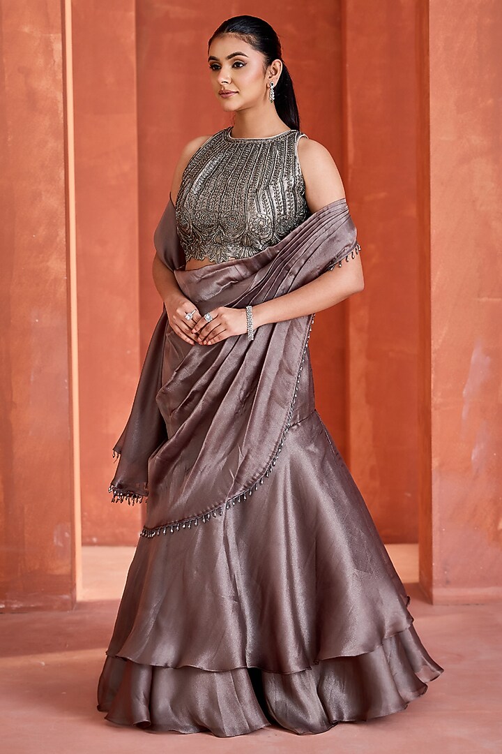 Steel Grey Tissue Ruffled Skirt Wedding Saree Set by Deepika Chadha at Pernia's Pop Up Shop