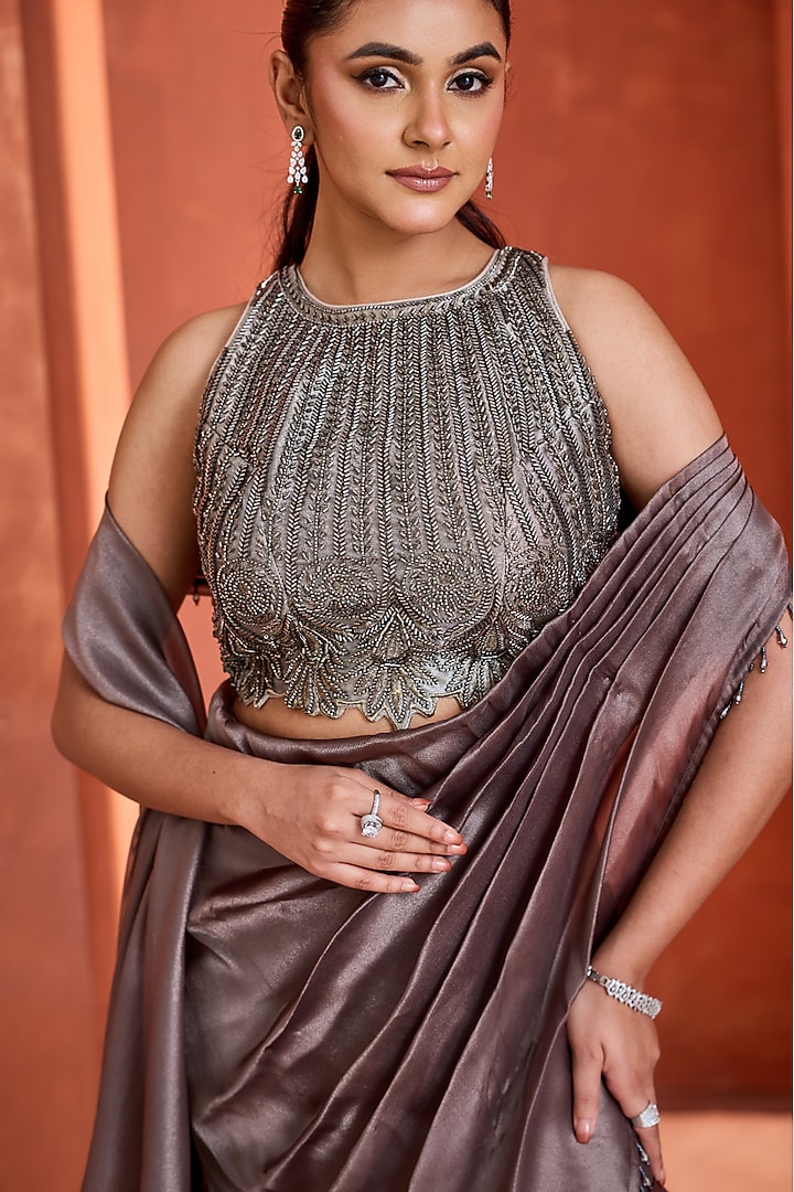 Steel Grey Tissue Ruffled Skirt Wedding Saree Set by Deepika Chadha at Pernia's Pop Up Shop