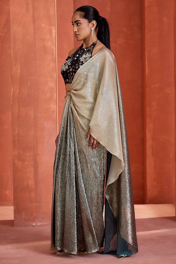 Green Ombre Shimmer Draped Skirt Wedding Saree Set by Deepika Chadha at Pernia's Pop Up Shop