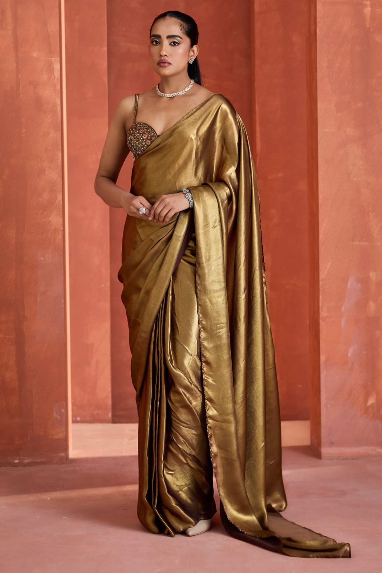 Deepika Chadha Antique Gold Foil Ready-To-Wear Saree Set
