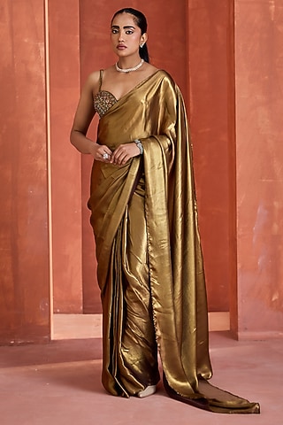 Antique Gold Foil Ready-To-Wear Saree Set by Deepika Chadha