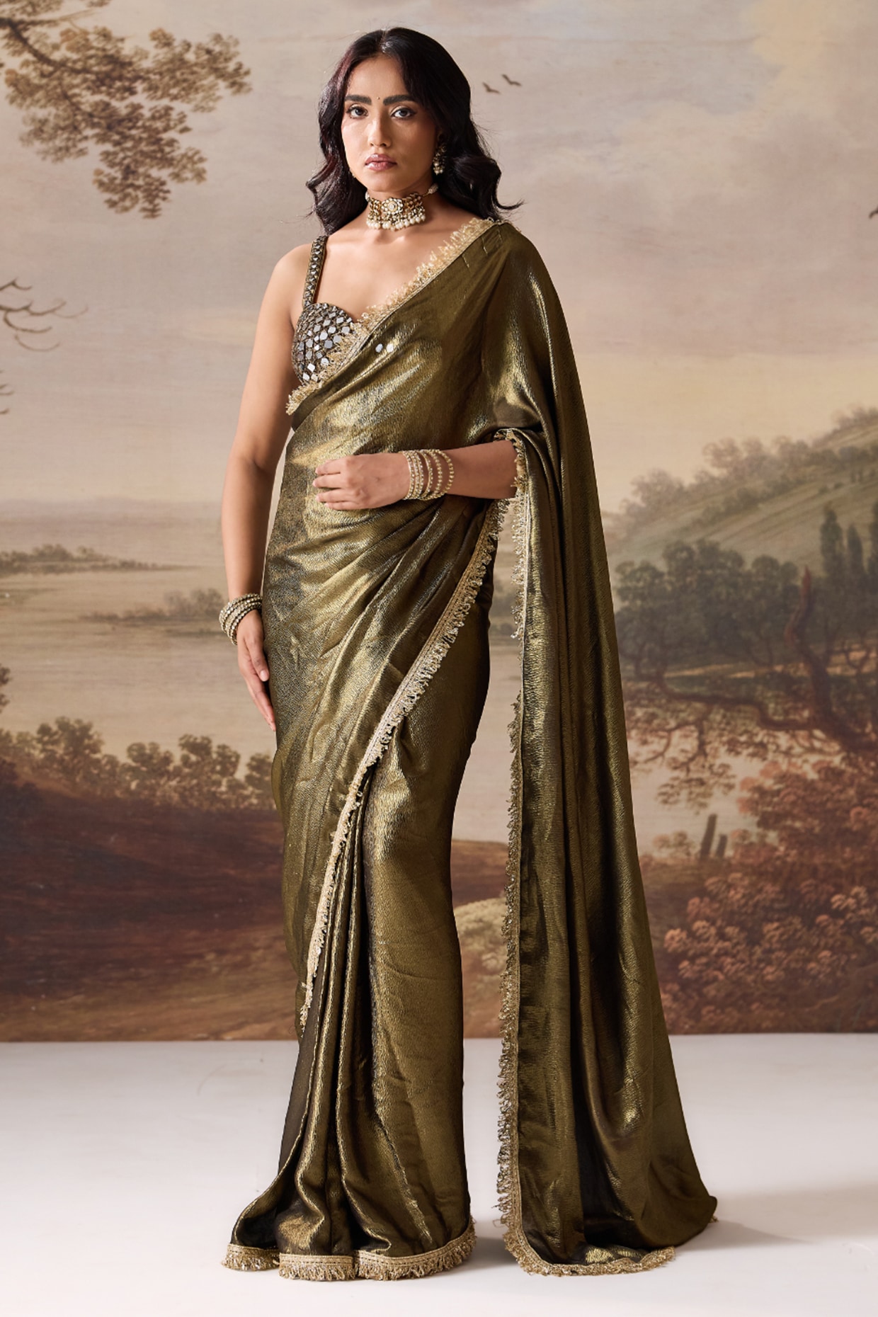 Deepika Chadha Olive Green Foil Crushed Satin Ready-To-Wear Saree Set