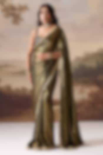 Olive Green Foil Crushed Satin Ready-To-Wear Wedding Saree Set by Deepika Chadha at Pernia's Pop Up Shop