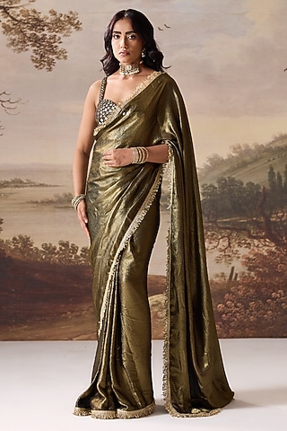 Olive Green Foil Crushed Satin Ready-To-Wear Saree Set by Deepika Chadha