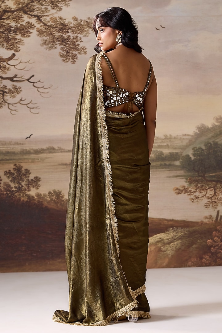 Olive Green Foil Crushed Satin Ready-To-Wear Wedding Saree Set by Deepika Chadha at Pernia's Pop Up Shop