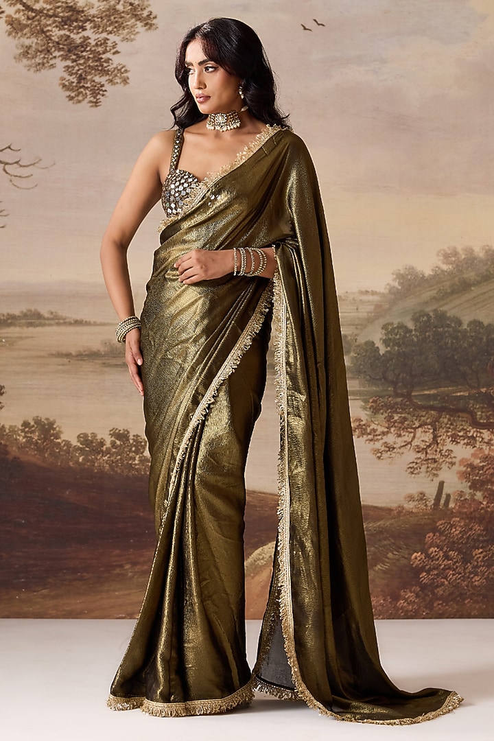 Olive Green Foil Crushed Satin Ready-To-Wear Wedding Saree Set by Deepika Chadha at Pernia's Pop Up Shop