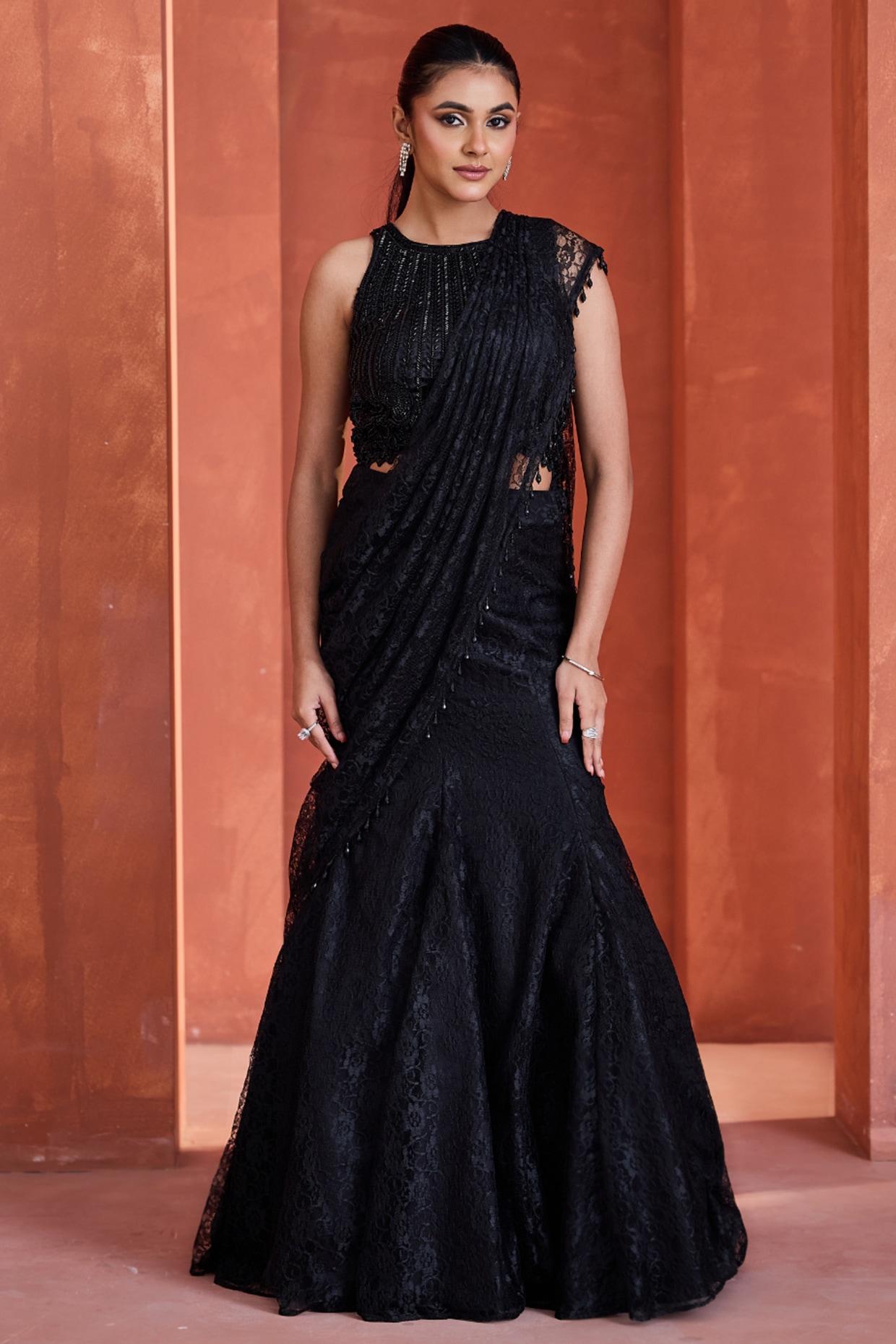 Deepika Chadha Black Chantilly Lace Draped Skirt Saree Set