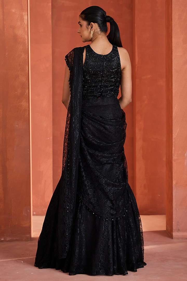 Black Chantilly Lace Draped Skirt Wedding Saree Set by Deepika Chadha at Pernia's Pop Up Shop