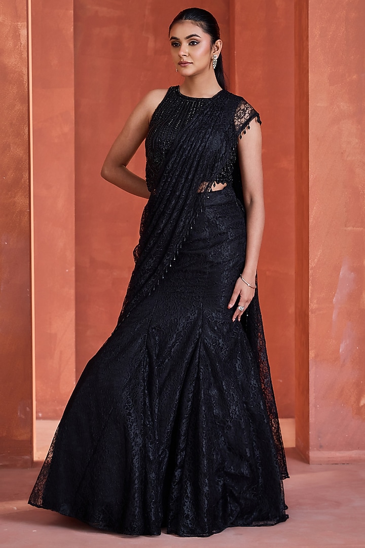 Black Chantilly Lace Draped Skirt Wedding Saree Set by Deepika Chadha at Pernia's Pop Up Shop
