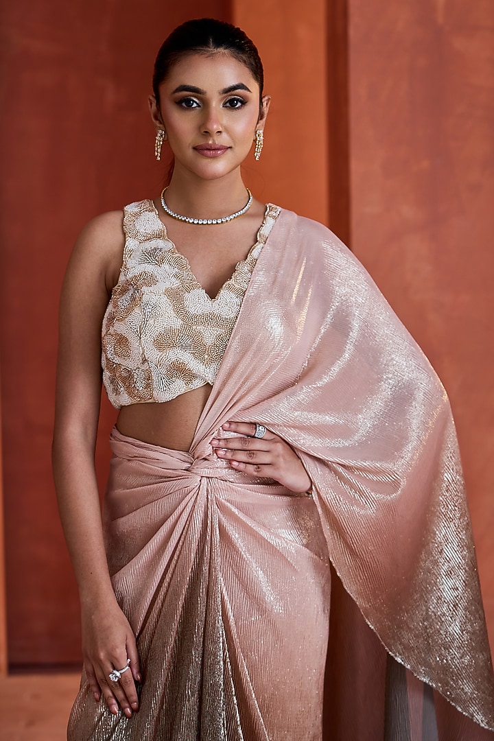 Pink Ombre Sandwash Draped Skirt Wedding Saree Set by Deepika Chadha at Pernia's Pop Up Shop