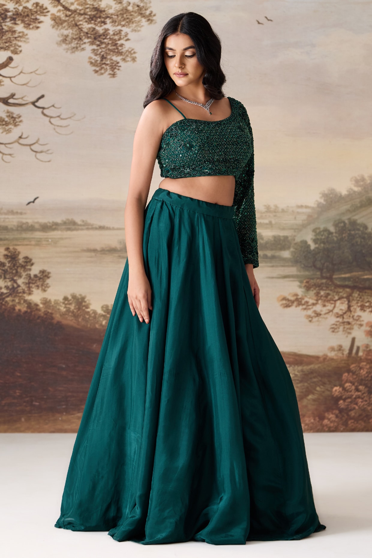 Deepika Chadha Emerald Green Natural Crepe Lehenga Set