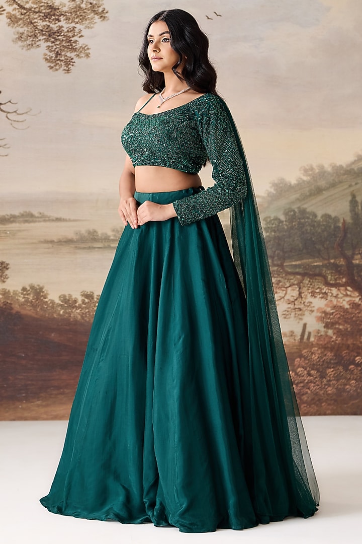 Emerald Green Natural Crepe Lehenga Set by Deepika Chadha at Pernia's Pop Up Shop