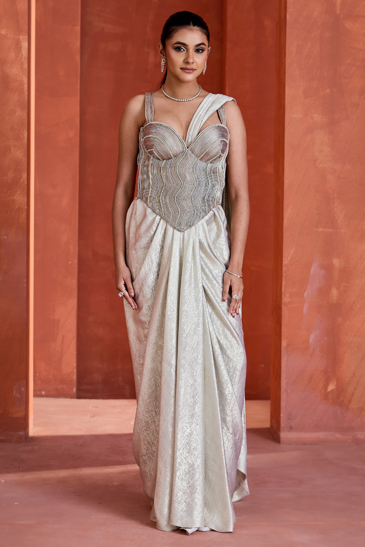 Deepika Chadha White Sandwash Draped Skirt Saree Set