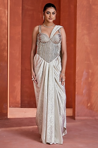 White Sandwash Draped Skirt Saree Set by Deepika Chadha