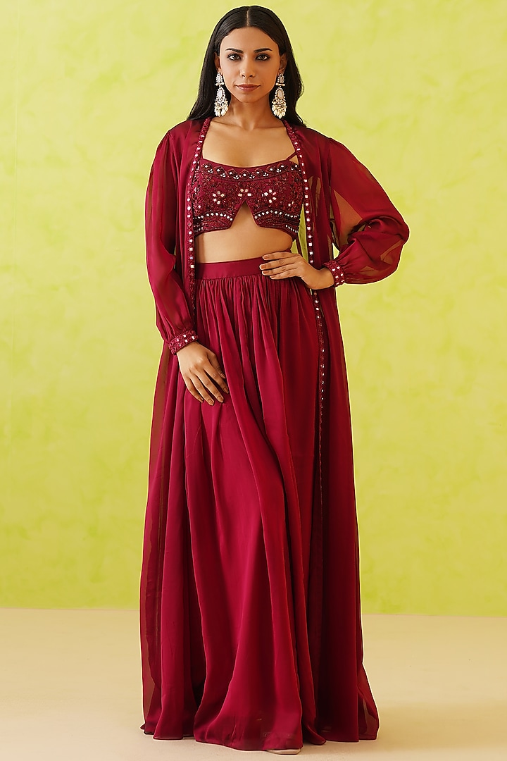 Maroon Georgette Jacket Set by Deepika Chadha at Pernia's Pop Up Shop