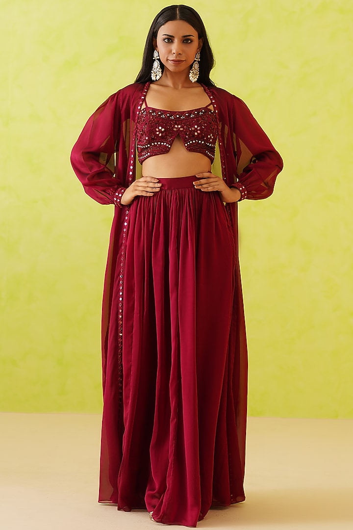Maroon Georgette Jacket Set by Deepika Chadha at Pernia's Pop Up Shop