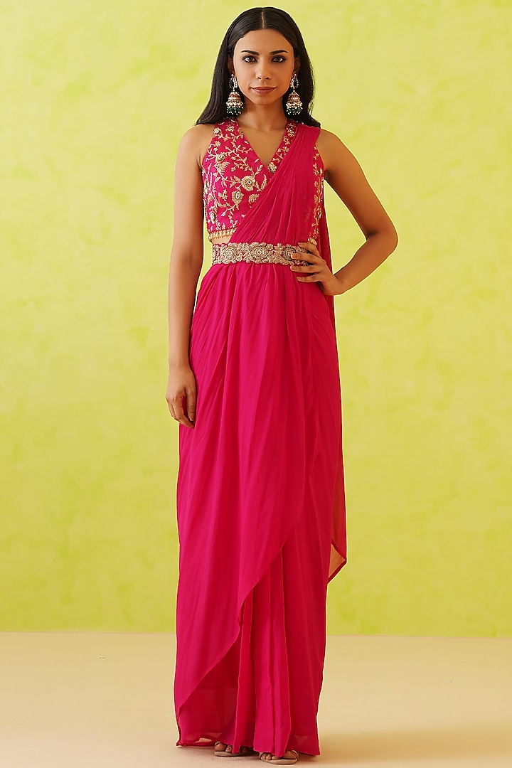 Fuchsia Pink Georgette Draped Saree Set by Deepika Chadha at Pernia's Pop Up Shop