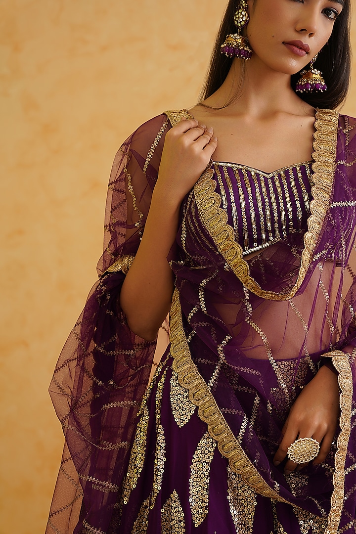 Purple Georgette Hand Embroidered Wedding Lehenga Set by Deepika Chadha at Pernia's Pop Up Shop